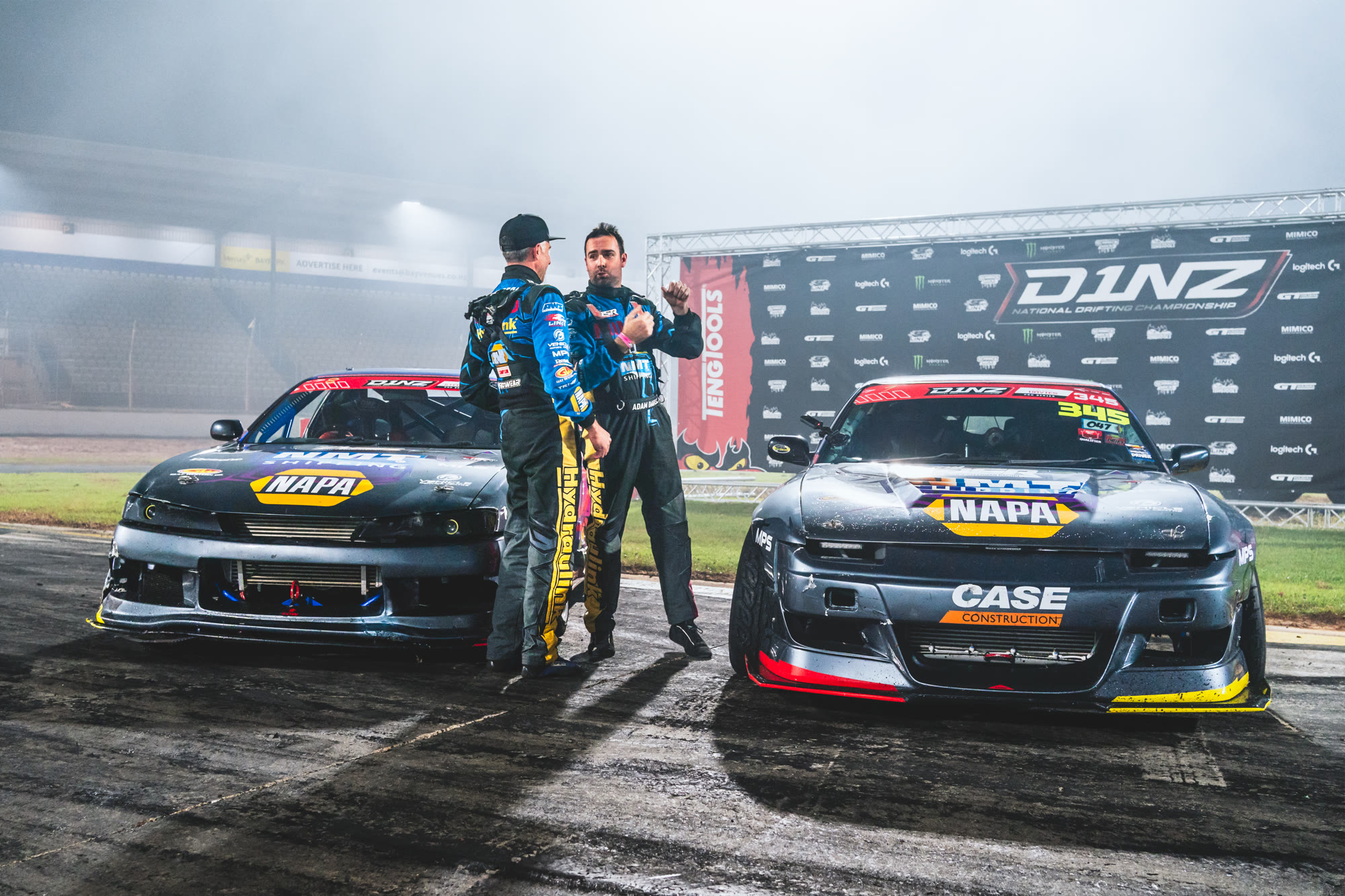 Dave Steedman and Adam Burgess after the 2026 D1NZ Grand Final at Mercury Baypark