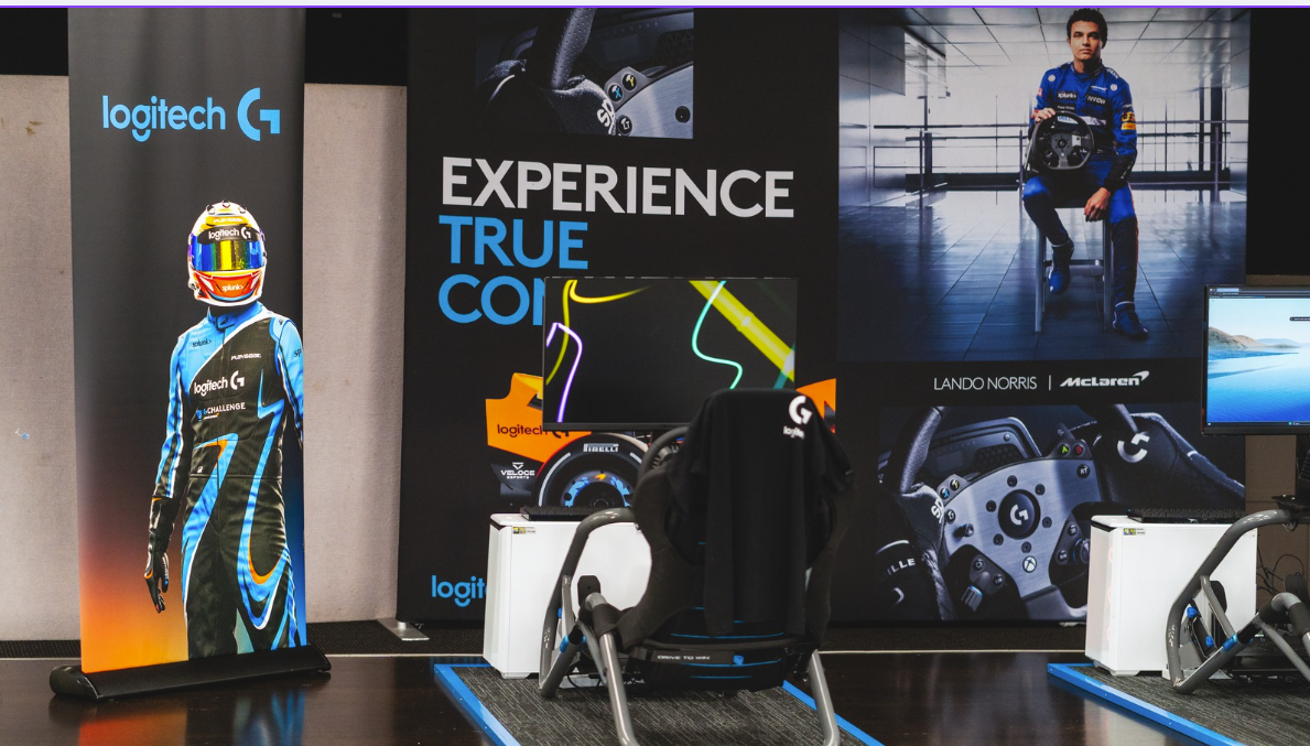 The Logitech G Virtual D1 sim-racing zone live at a D1NZ event, fans getting hands-on with the sim trackside