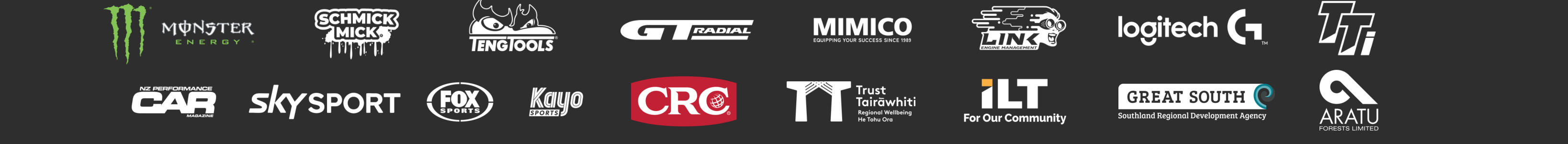 D1NZ 2026 brand partners, Monster Energy, Schmick Mick, TengTools, GT Radial, MIMICO, Link Engine Management, Logitech G, TTi, NZ Performance Car, Sky Sport, Fox Sports, Kayo Sports, CRC, Trust Tairāwhiti, iLT, Great South, Aratu Forests